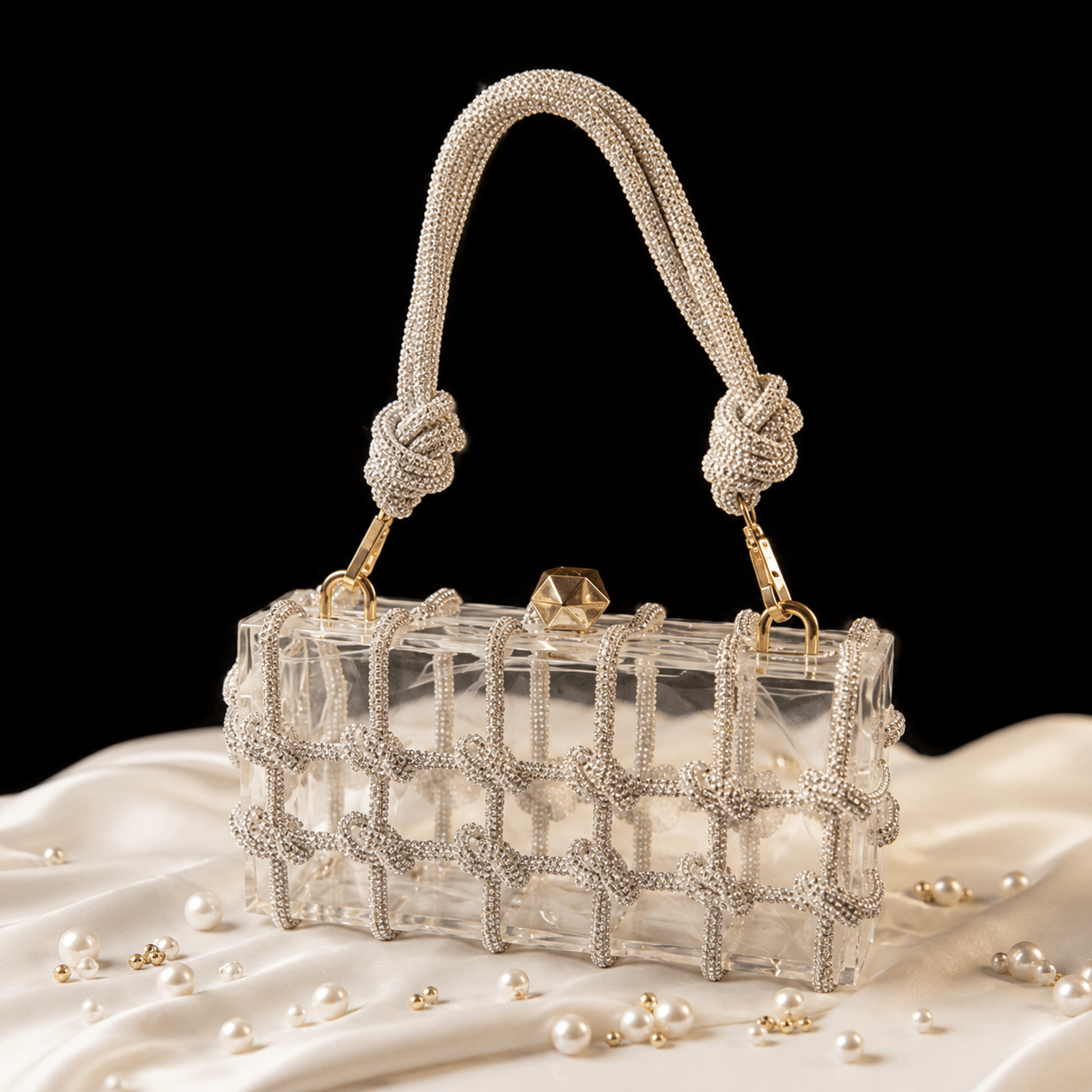 Embellished Woven Shiny Transparent Box Clutch