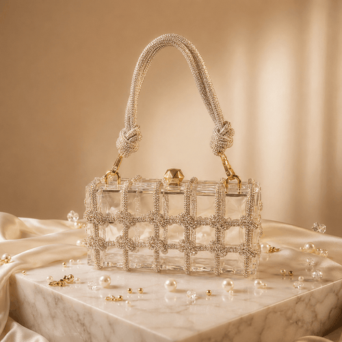 Embellished Woven Shiny Transparent Box Clutch
