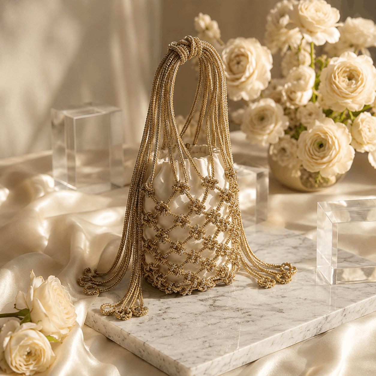 Network Beaded Clutch Without Tassels Golden and Silver