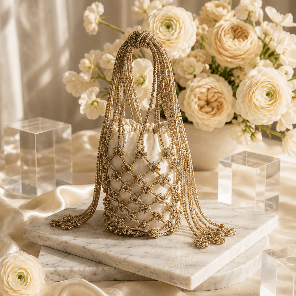 Network Beaded Clutch Without Tassels Golden and Silver