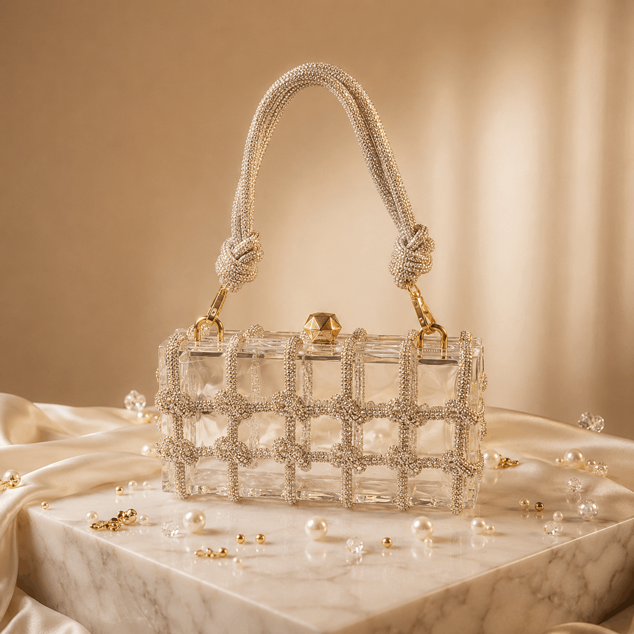 Embellished Woven Shiny Transparent Box Clutch